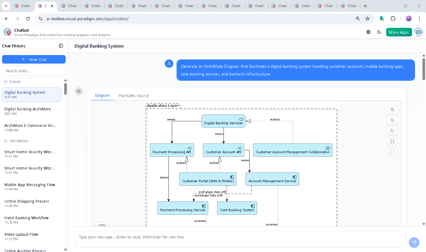 Screenshot of the Visual Paradigm AI Chatbot interface showing the conversation history and the generated ArchiMate diagram, illustrating real-time collaboration and intelligent design feedback.