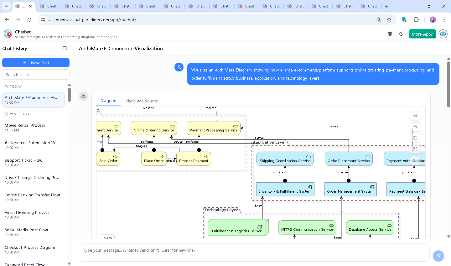 Screenshot of the Visual Paradigm AI Chatbot interface showing a real-time conversation about e-commerce architecture, with diagram generation and follow-up queries on inventory and fulfillment logic.