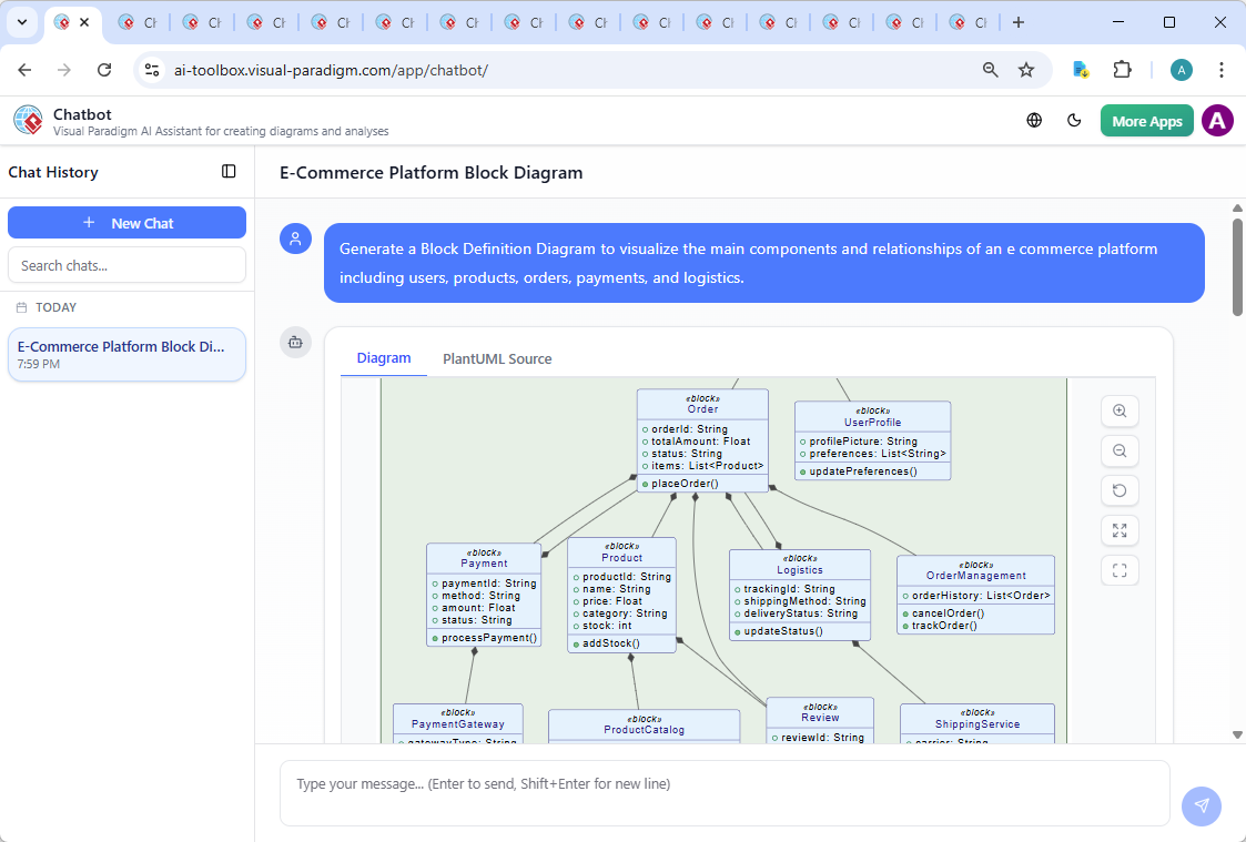 Screenshot of the Visual Paradigm AI Chatbot interface showing the conversation history and real-time diagram generation for the e-commerce platform BDD.