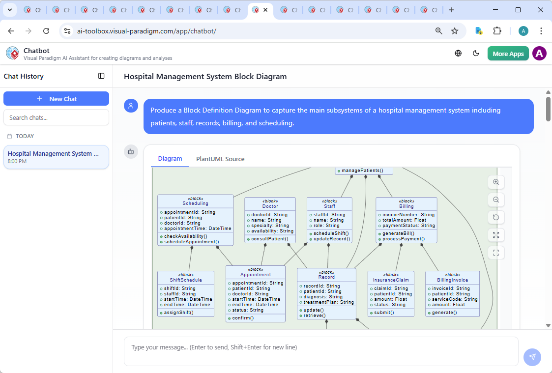 Screenshot of the Visual Paradigm AI Chatbot interface showing a live conversation where the user requests a Block Definition Diagram and receives real-time explanations and refinements.