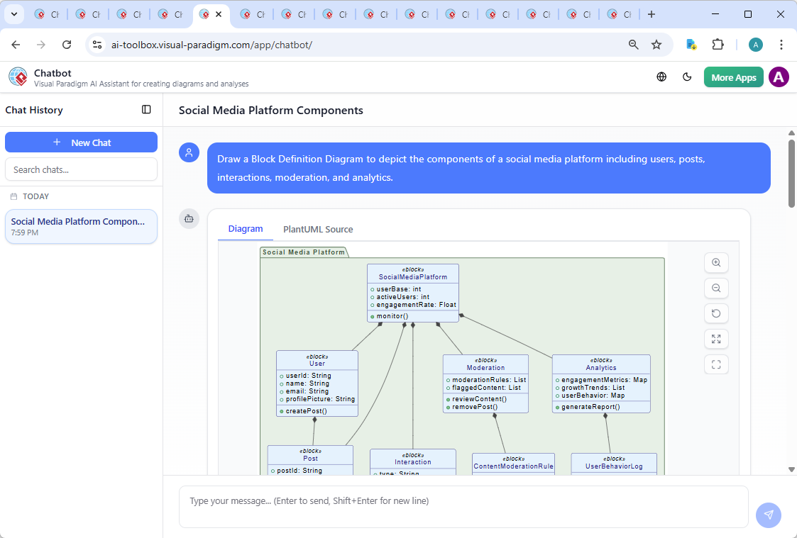 Screenshot of the Visual Paradigm AI Chatbot interface showing a live conversation about a social media platform’s architecture, with user questions and AI-generated explanations and diagram updates.