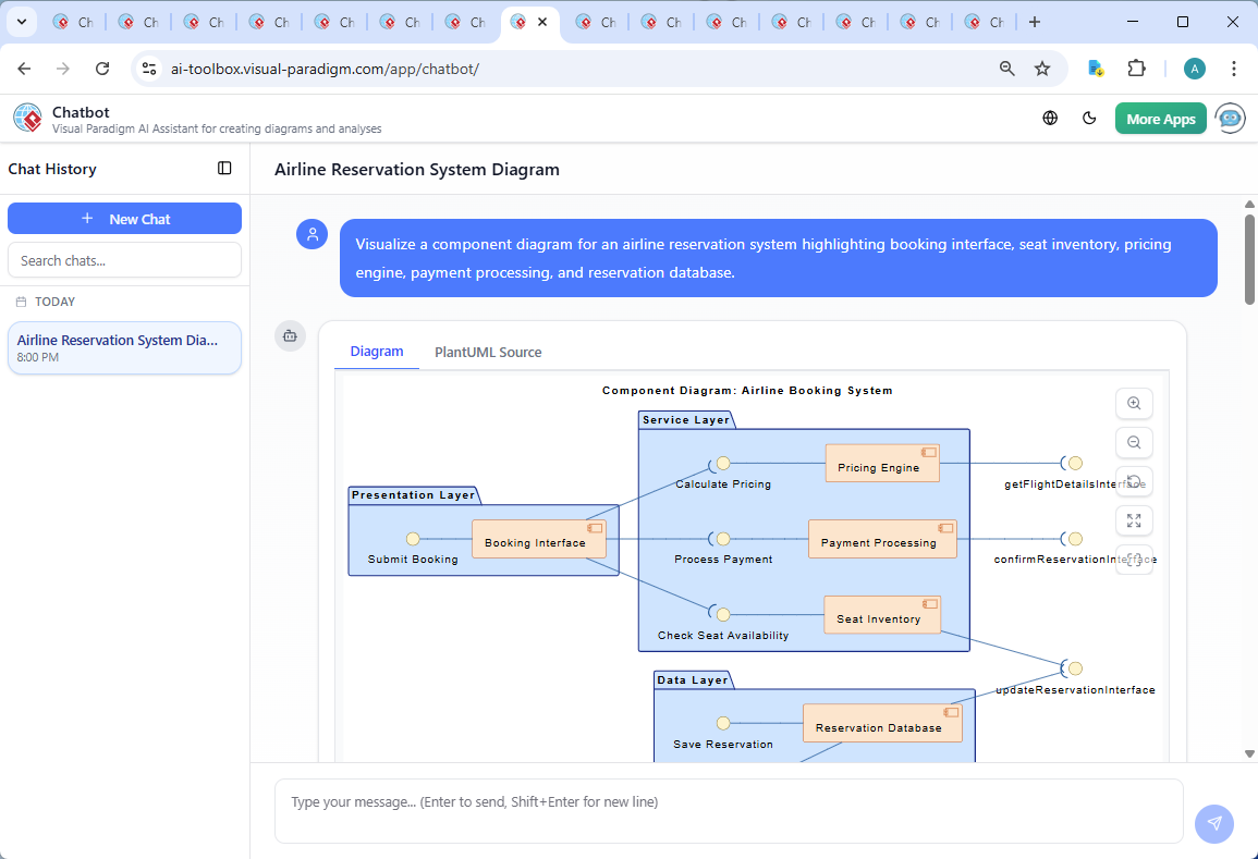Screenshot of the Visual Paradigm AI Chatbot interface showing the conversation history and the generated component diagram in real time.