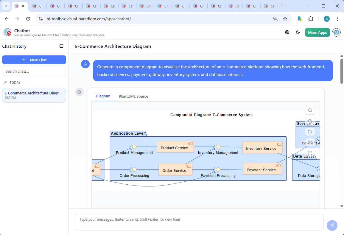Screenshot of the Visual Paradigm AI Chatbot interface showing a conversation about e-commerce system architecture, including a component diagram and follow-up technical explanations.