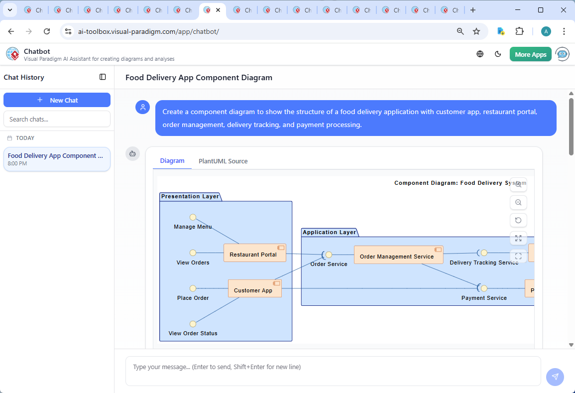 Screenshot of the Visual Paradigm AI Chatbot interface showing a live conversation about the food delivery system's component diagram, including a follow-up question on service interaction.