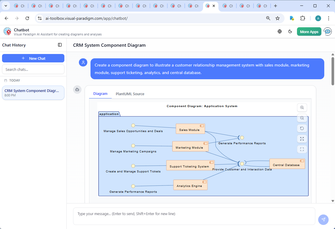 Screenshot of the Visual Paradigm AI Chatbot interface showing the conversational design process, including user prompts and AI-generated responses for a CRM component diagram.