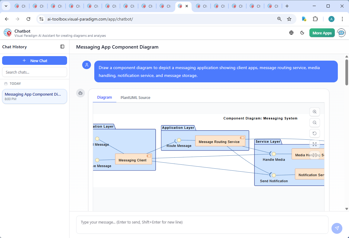 Screenshot of the Visual Paradigm AI Chatbot interface showing the conversation history and real-time diagram generation for a messaging system, demonstrating the conversational design process.