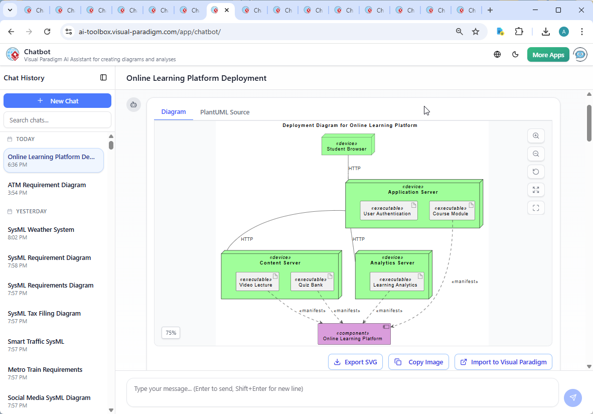 Screenshot of the Visual Paradigm AI Chatbot interface showing the conversation between the user and the AI, including diagram generation and technical explanation of browser-server interactions.