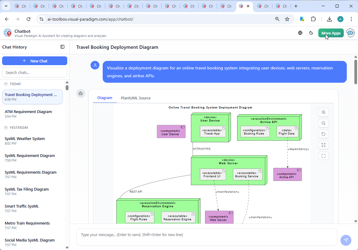 Screenshot of the Visual Paradigm AI Chatbot interface showing the conversation flow, diagram generation, and real-time model refinement for the travel booking system.