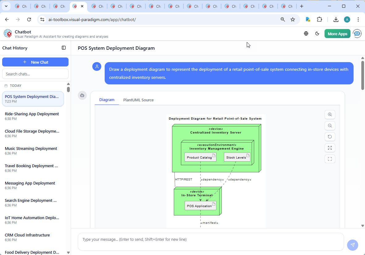 Screenshot of the Visual Paradigm AI Chatbot interface showing a live conversation about a POS system deployment, with diagram generation and follow-up technical explanations.