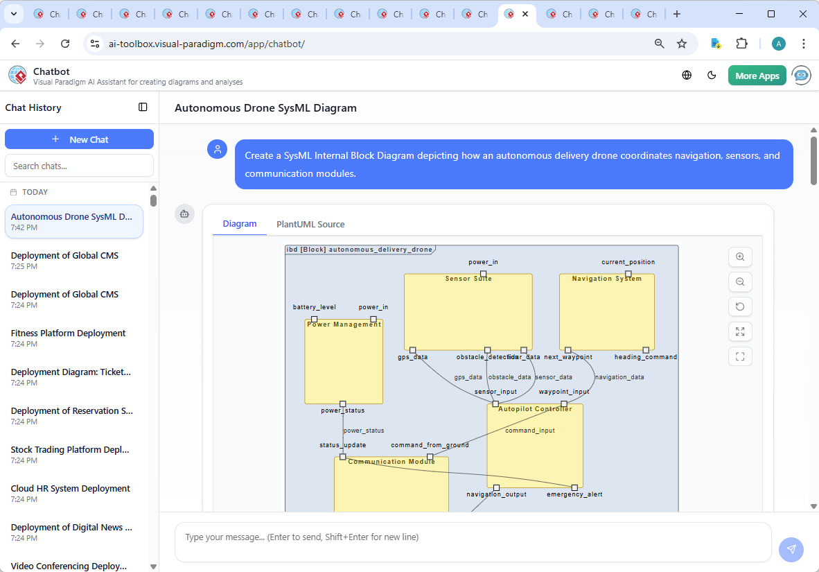 Screenshot of the Visual Paradigm AI Chatbot interface showing a conversation about the autonomous drone's internal architecture, including diagram generation and expert explanations.