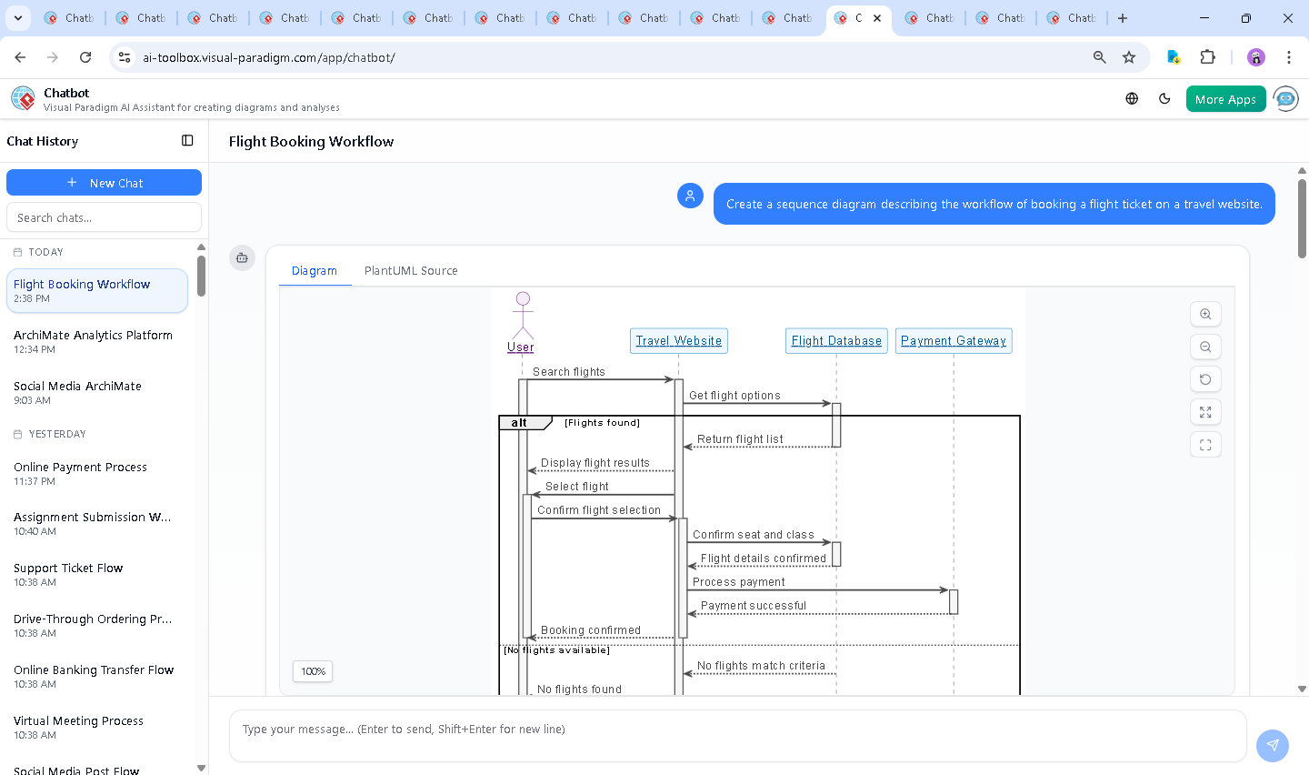 Screenshot of the Visual Paradigm AI Chatbot interface showing a live conversation about flight booking and payment security, with the generated sequence diagram and real-time feedback.