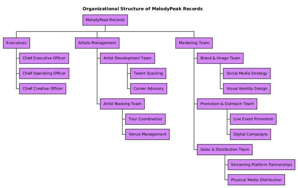 AI-generated organization chart for MelodyPeak Records, depicting executives, artists management, and marketing teams in a structured hierarchy.