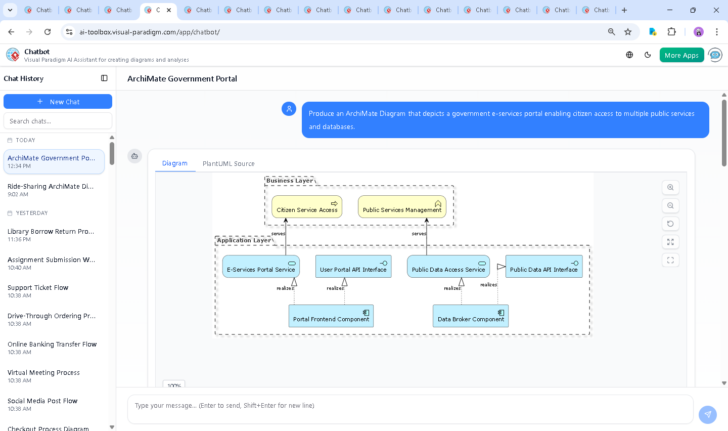 Screenshot of the Visual Paradigm AI Chatbot interface showing a conversation about a government e-services portal, with real-time diagram generation and architectural explanations.