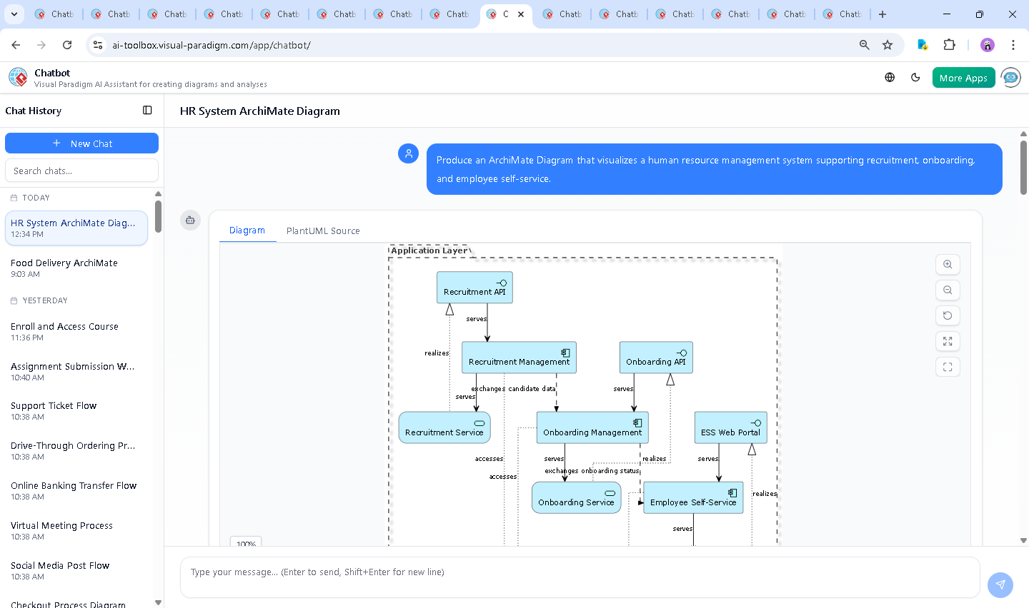 Screenshot of the Visual Paradigm AI Chatbot interface showing a real-time conversation about HR system architecture, with follow-up queries and AI-generated responses.