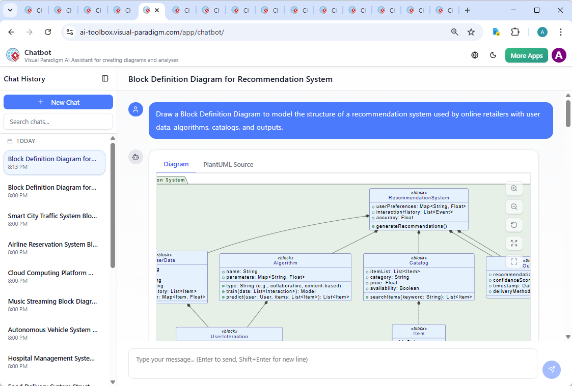 Screenshot of the Visual Paradigm AI Chatbot interface showing a conversation between the user and the AI, with the prompt and follow-up questions about algorithm logic and data flow.