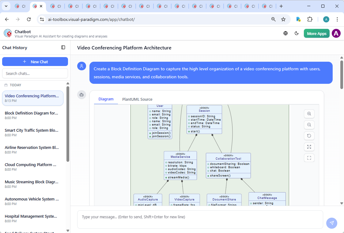 Screenshot of the Visual Paradigm AI Chatbot interface showing the conversation history and real-time diagram generation for the video conferencing platform.