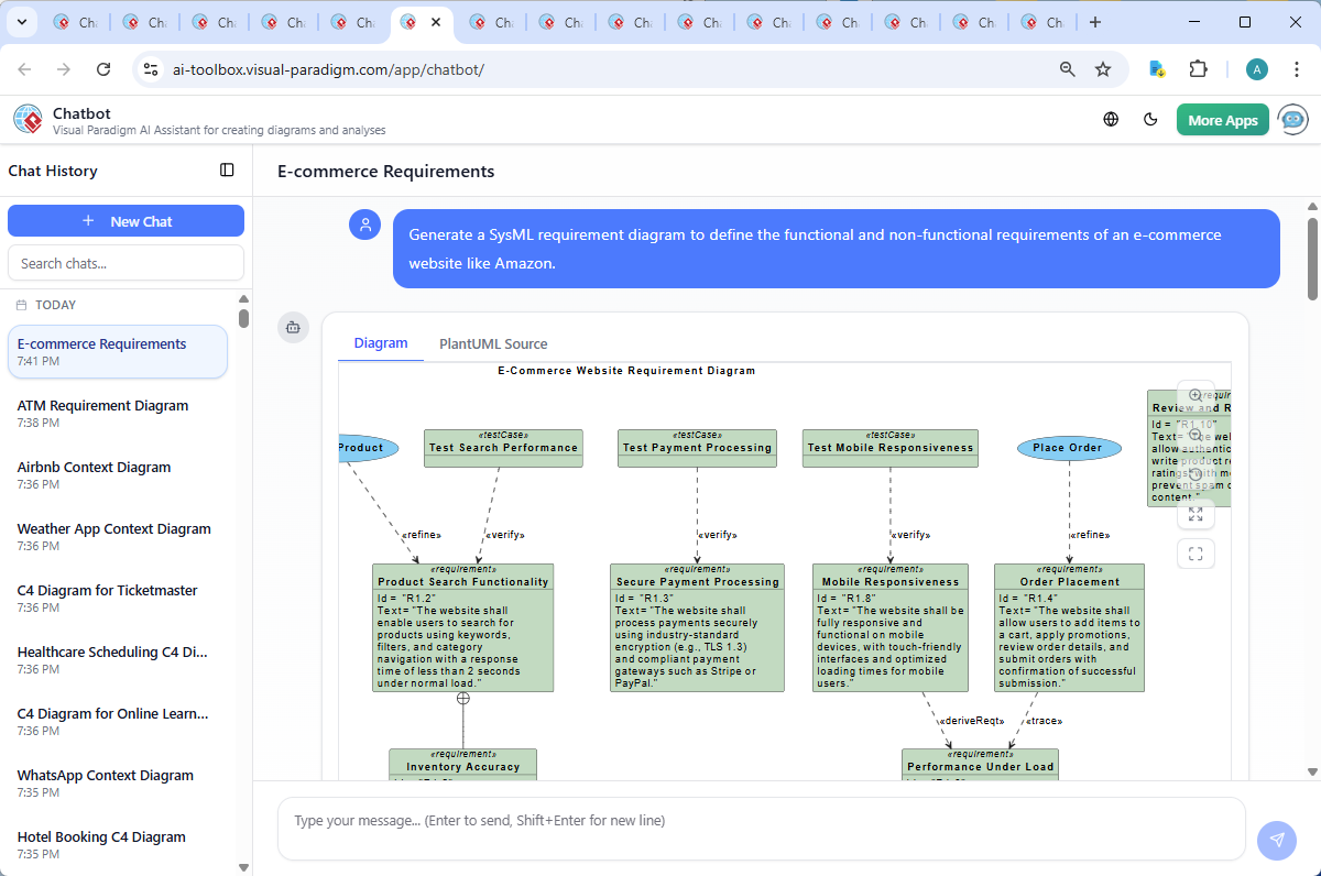 Screenshot of the Visual Paradigm AI Chatbot interface showing a real-time conversation about e-commerce requirements, with follow-up queries and technical explanations on inventory accuracy and system architecture.