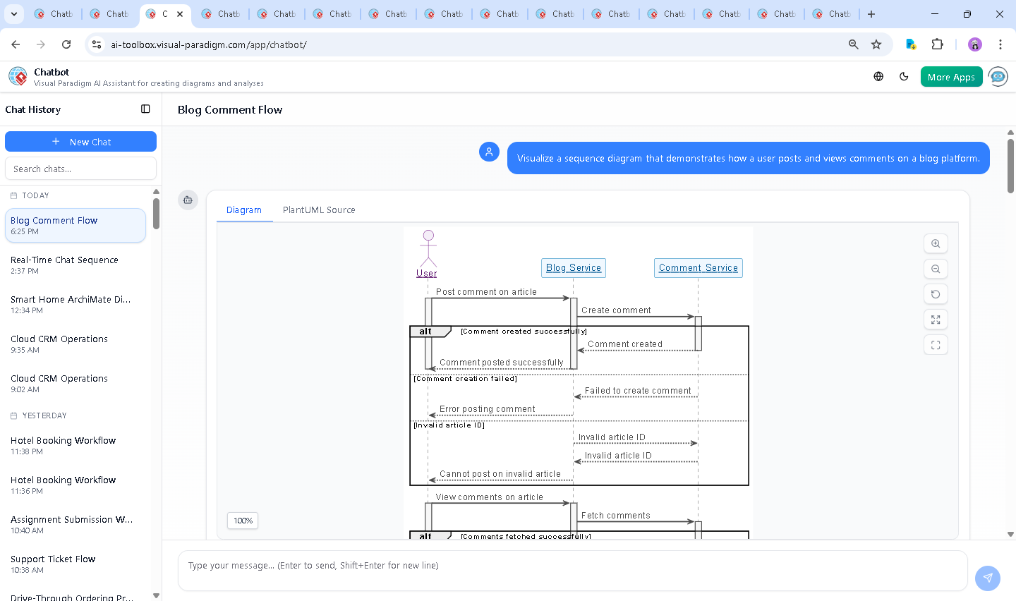 Screenshot of the Visual Paradigm AI Chatbot interface showing the conversation history and real-time diagram generation for a blog comment system.