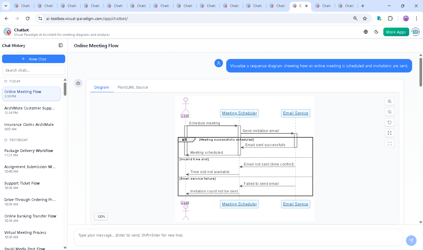 Screenshot of the Visual Paradigm AI Chatbot interface showing a live conversation about online meeting scheduling, including follow-up questions on time zone handling and diagram refinement.