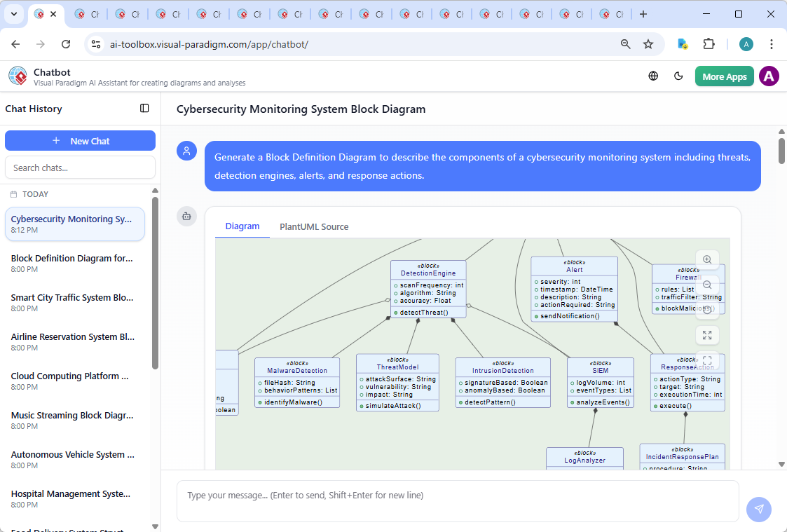 Screenshot of the Visual Paradigm AI Chatbot interface showing a conversation where the user requests a Block Definition Diagram and receives a detailed, interactive explanation with follow-up refinements.