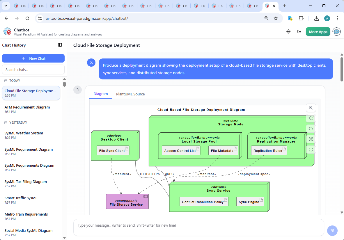 Screenshot of the Visual Paradigm AI Chatbot interface showing a natural conversation about a cloud file storage deployment, including follow-up questions on conflict resolution and diagram expansion.