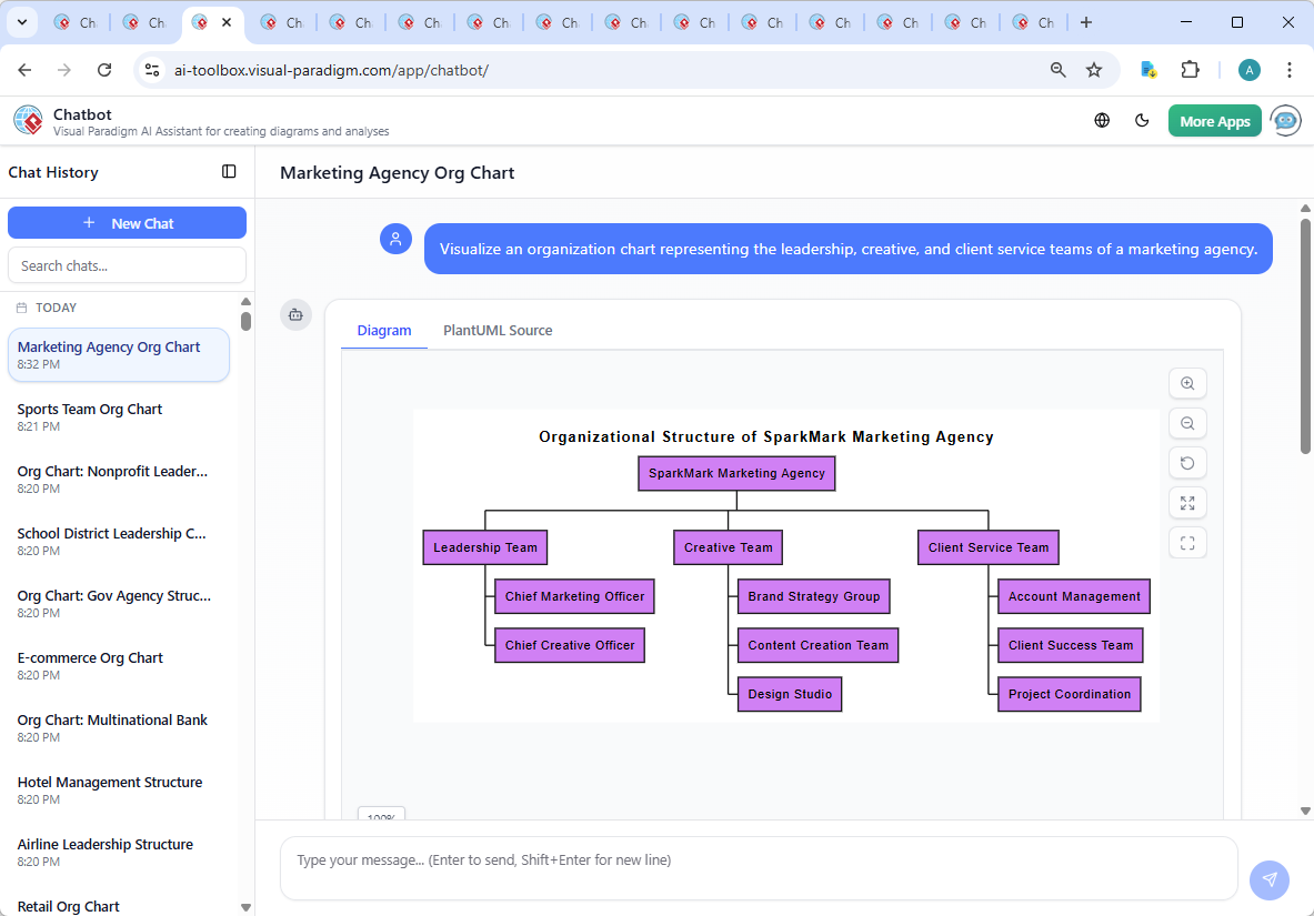 Screenshot of the Visual Paradigm AI Chatbot interface showing a conversation about the SparkMark Marketing Agency org chart, including follow-up questions and real-time diagram updates.
