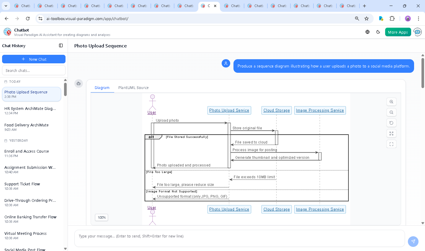 Screenshot of the Visual Paradigm AI Chatbot interface showing a live conversation about a sequence diagram for photo upload, with real-time diagram generation and explanation.