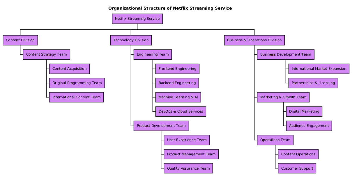 AI-generated organization chart of Netflix Streaming Service, showing content, technology, and business divisions with hierarchical team structures.