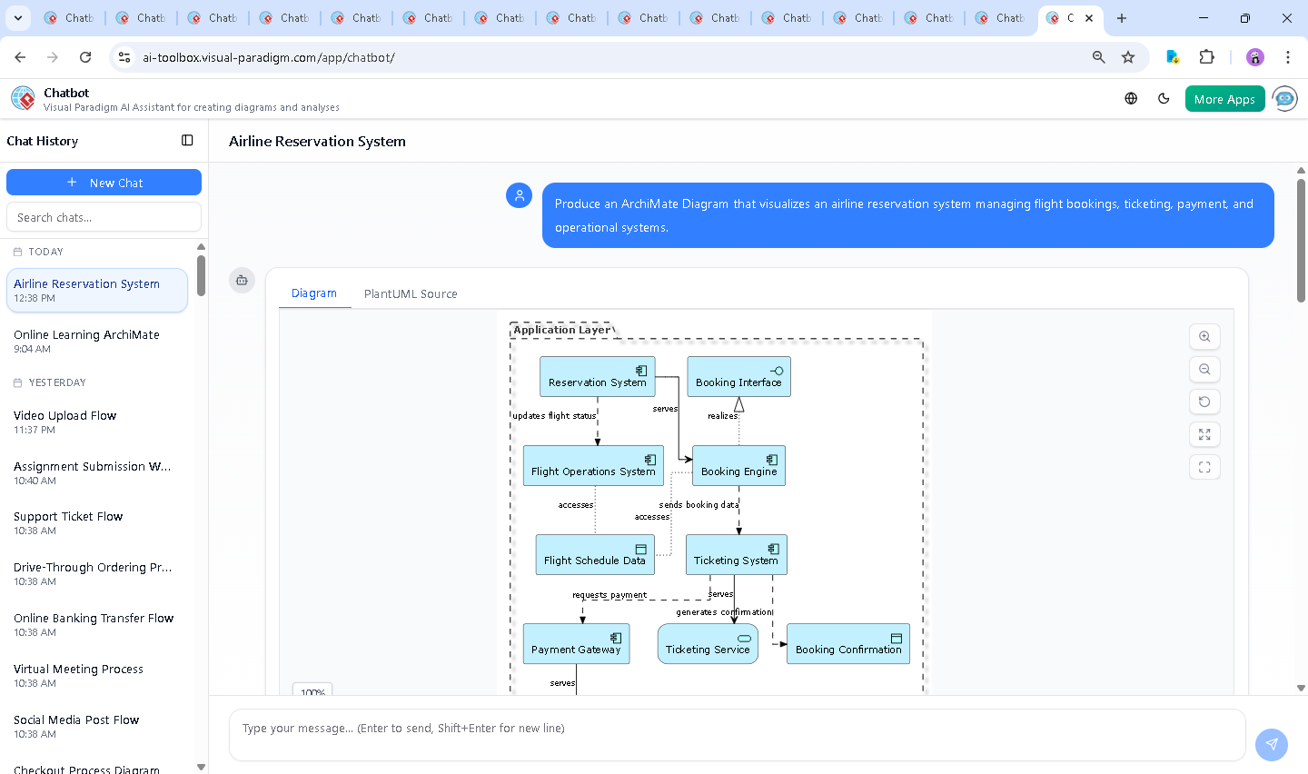 Screenshot of the Visual Paradigm AI Chatbot interface during a conversation about shared data objects in an airline reservation system.