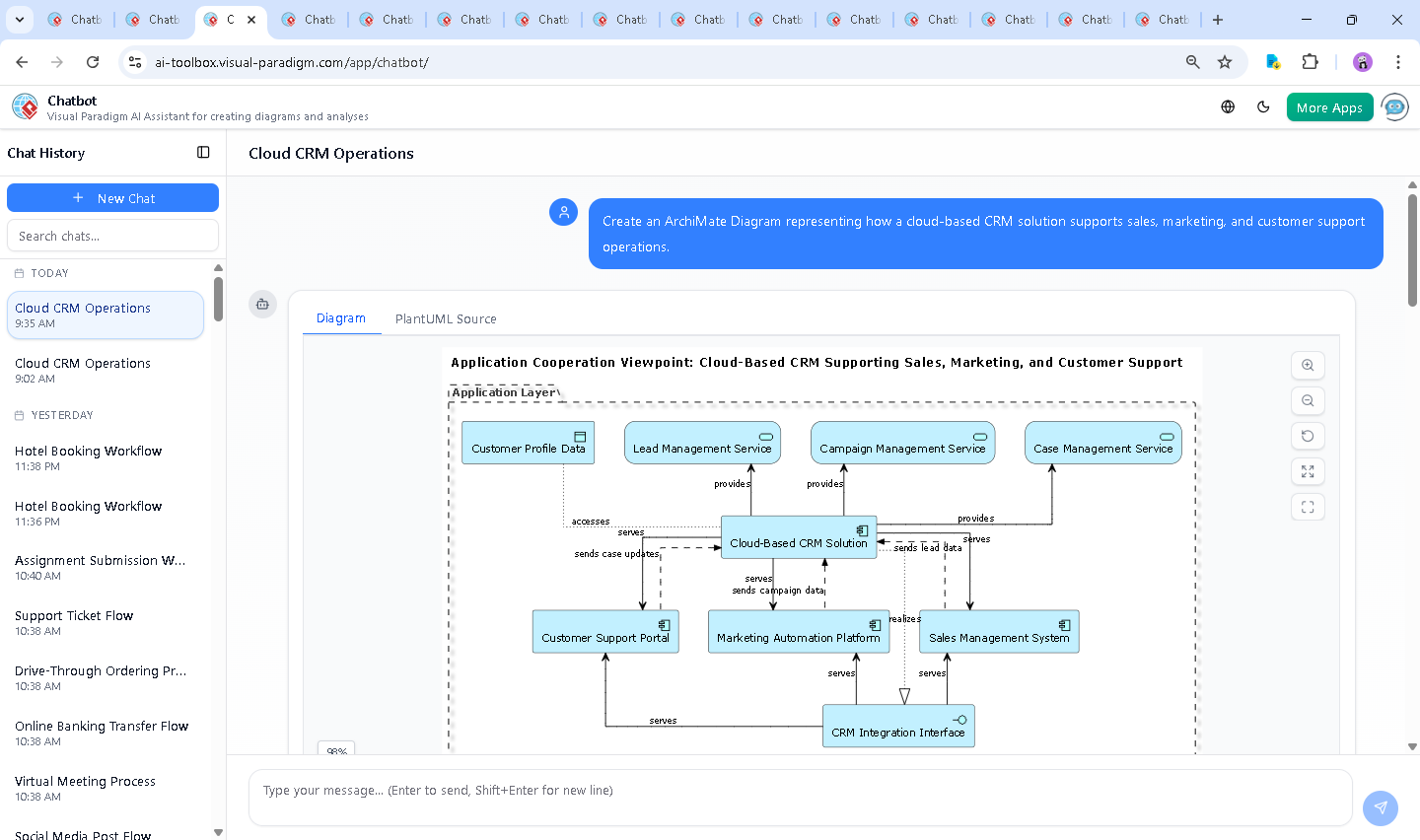 Screenshot of the Visual Paradigm AI Chatbot interface showing a conversation about the CRM system, with diagram generation and follow-up explanations.