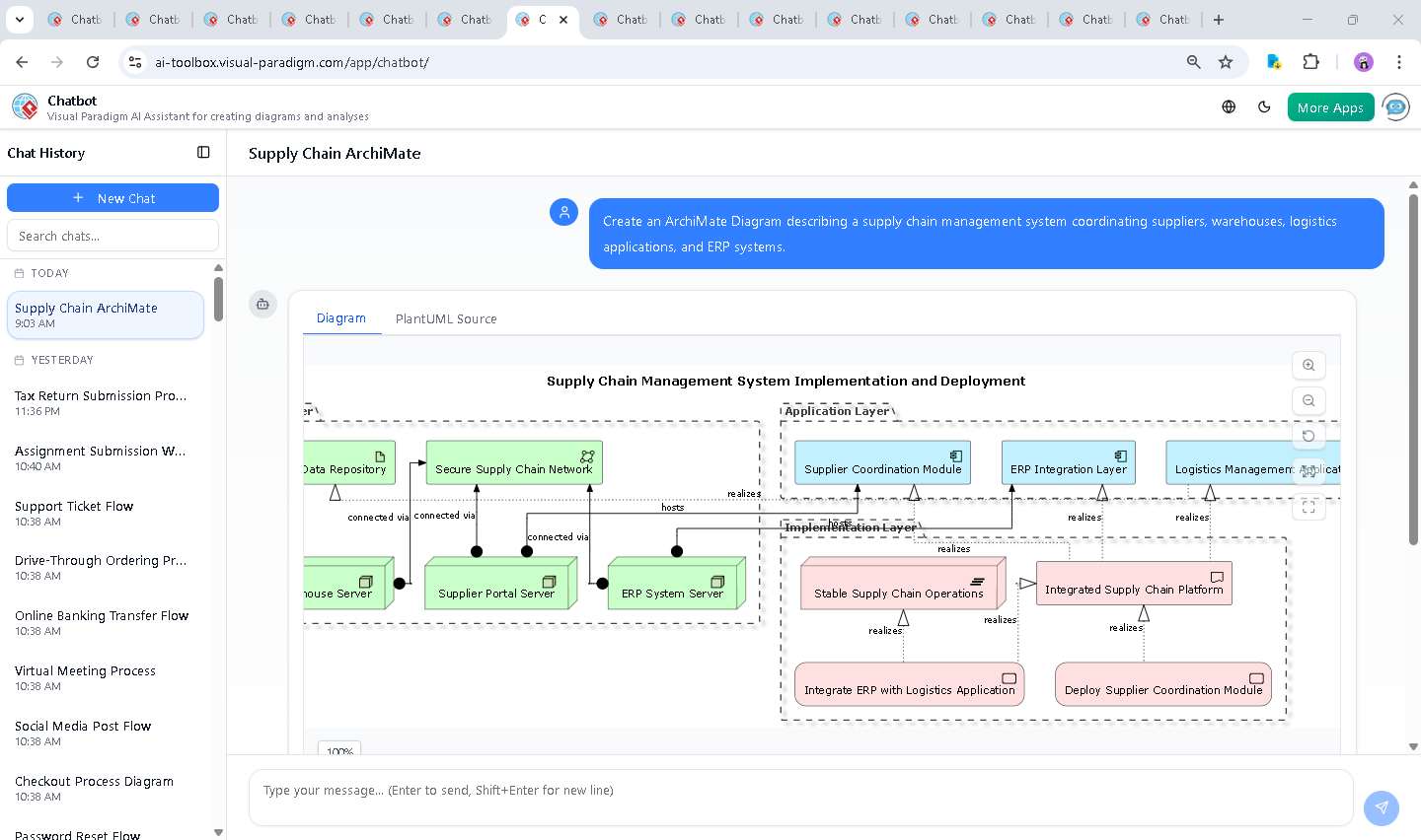 Screenshot of the Visual Paradigm AI Chatbot interface showing a conversation about supply chain architecture, with real-time diagram generation and refinement based on user feedback.