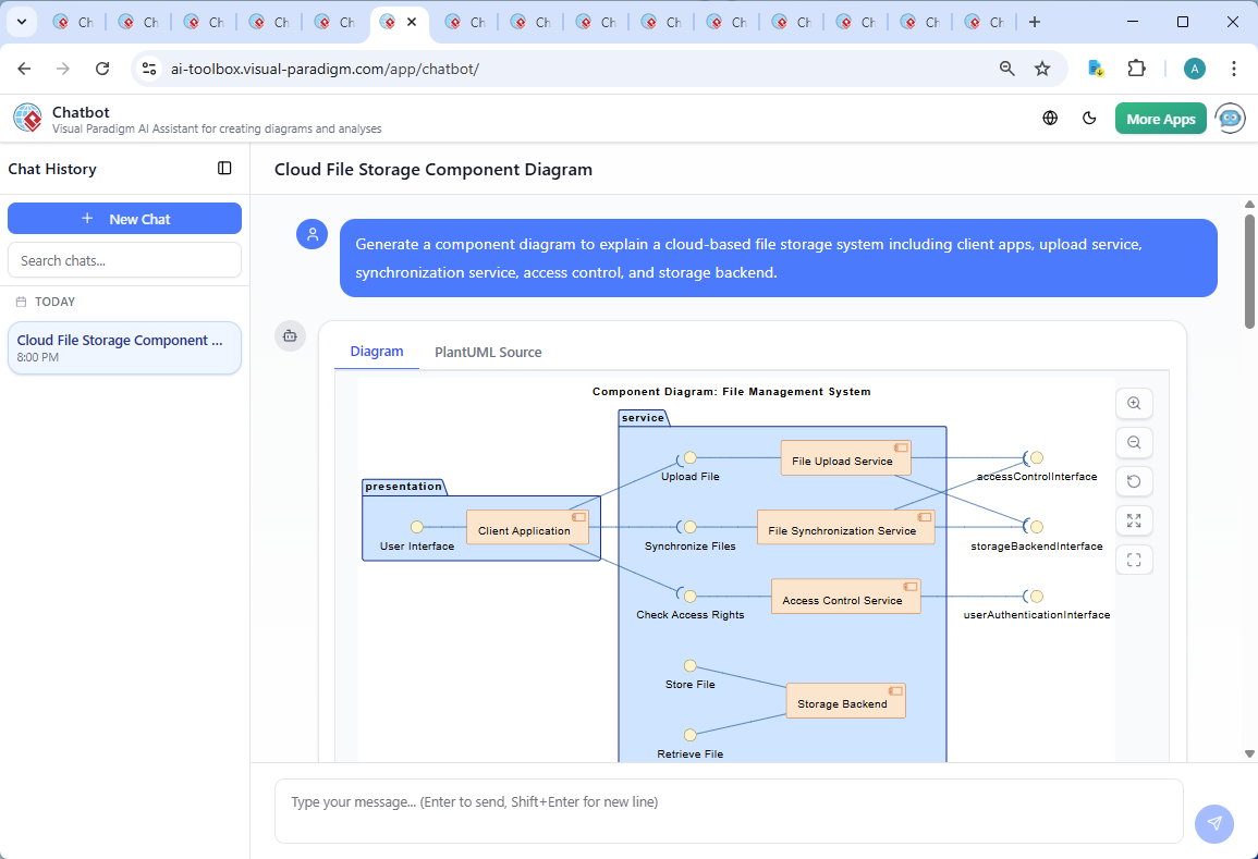 Screenshot of the Visual Paradigm AI Chatbot interface during a real-time conversation about the file management system, showing the user's query and the AI's detailed response with architectural insights.