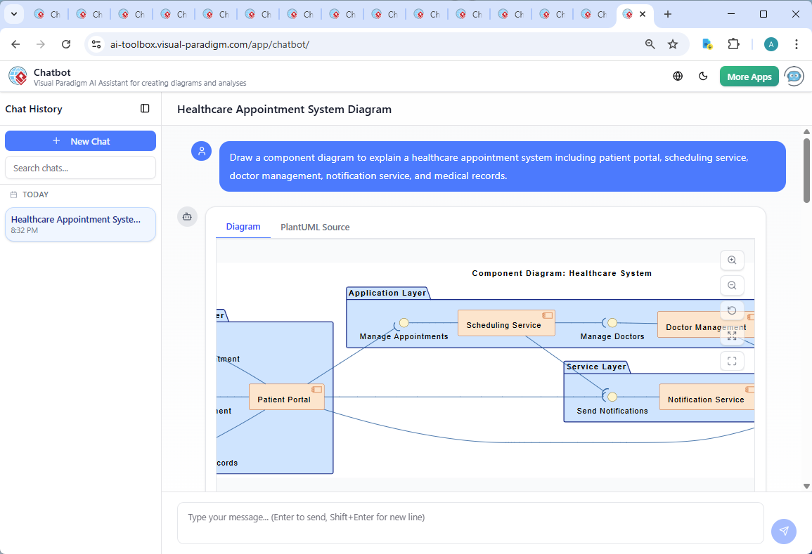 Screenshot of the Visual Paradigm AI Chatbot interface during a conversation about the healthcare system, showing the user's prompt and the AI's detailed response with diagram logic and workflow explanation.