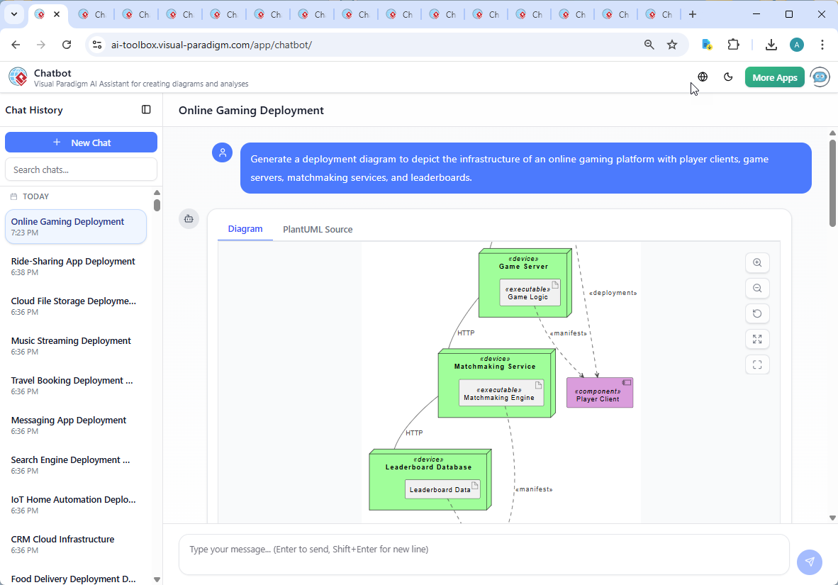 Screenshot of the Visual Paradigm AI Chatbot interface showing a live conversation about an online gaming platform deployment diagram, including follow-up questions and real-time diagram generation.