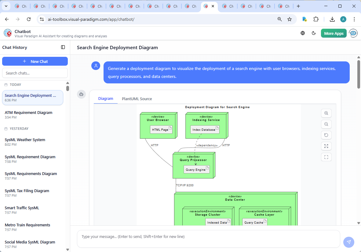 Screenshot of the Visual Paradigm AI Chatbot interface showing a conversation about search engine architecture, including diagram generation and technical explanation of cache interactions.
