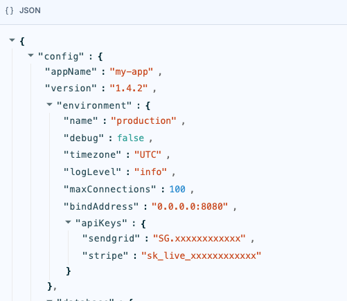 Visual JSON Diagram illustrating a multi-environment application configuration file structure.