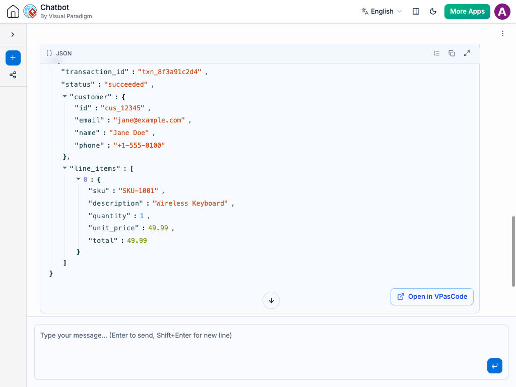 AI Chatbot generated JSON Diagram depicting a payment gateway response payload with transaction details, payment status, customer info, and line items.