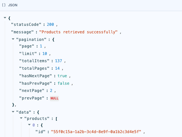 AI Chatbot generated JSON Diagram displaying a paginated REST API response payload with status, metadata, and data array.