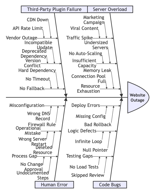 An interactive prompt screenshot showing how to generate a website downtime Ishikawa Diagram with the AI Chatbot.